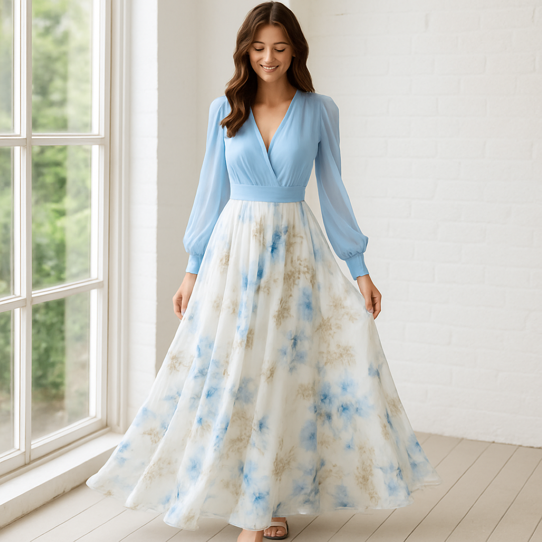 Cloe | Elegant langt kjole med lette ærmer og blomsteret nederdel - - women's fashion - {{ product_tags }