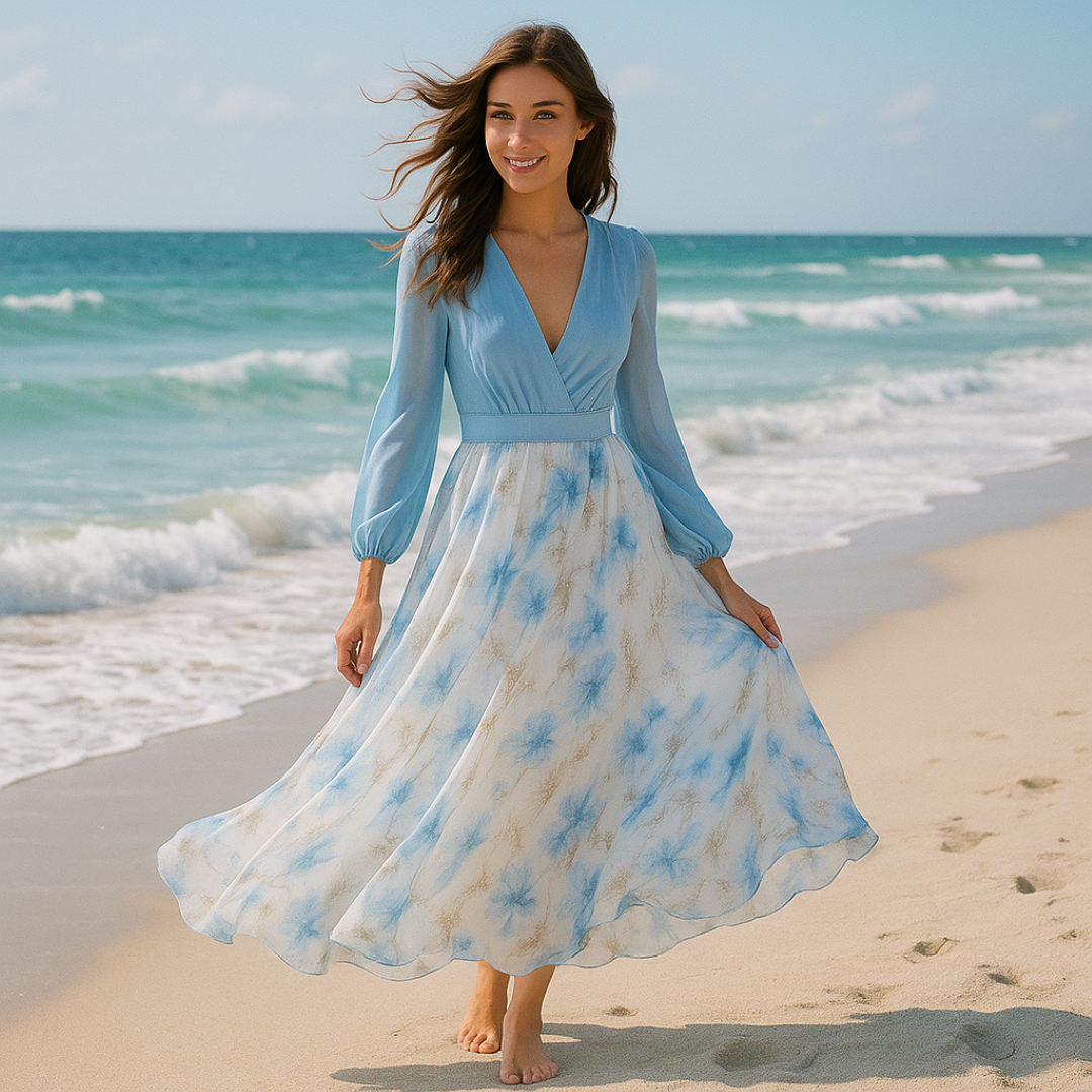 Cloe | Elegant langt kjole med lette ærmer og blomsteret nederdel - - women's fashion - {{ product_tags }