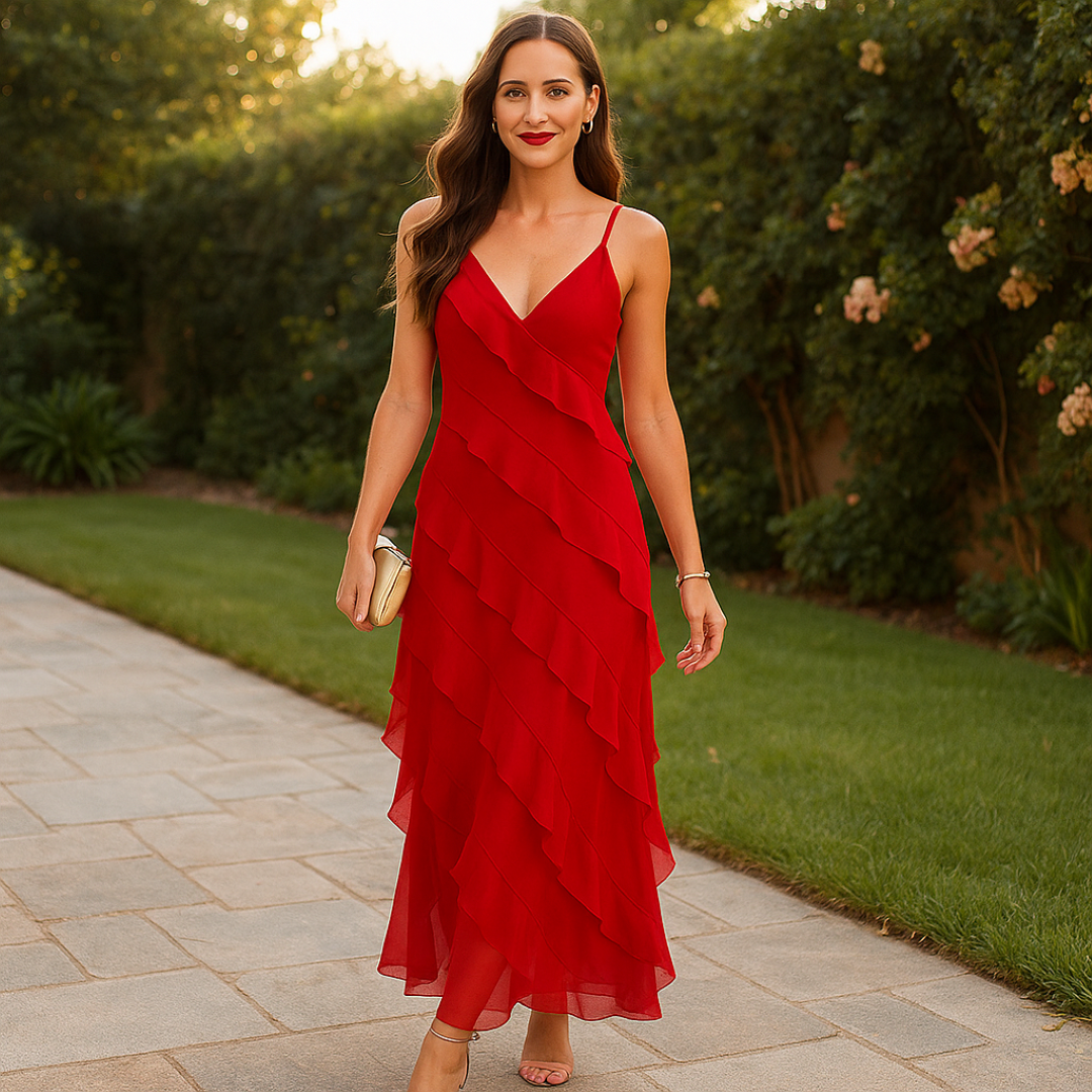 Grace | Lang kjole med tynde stropper og lagdelt volant - - women's fashion - {{ product_tags }