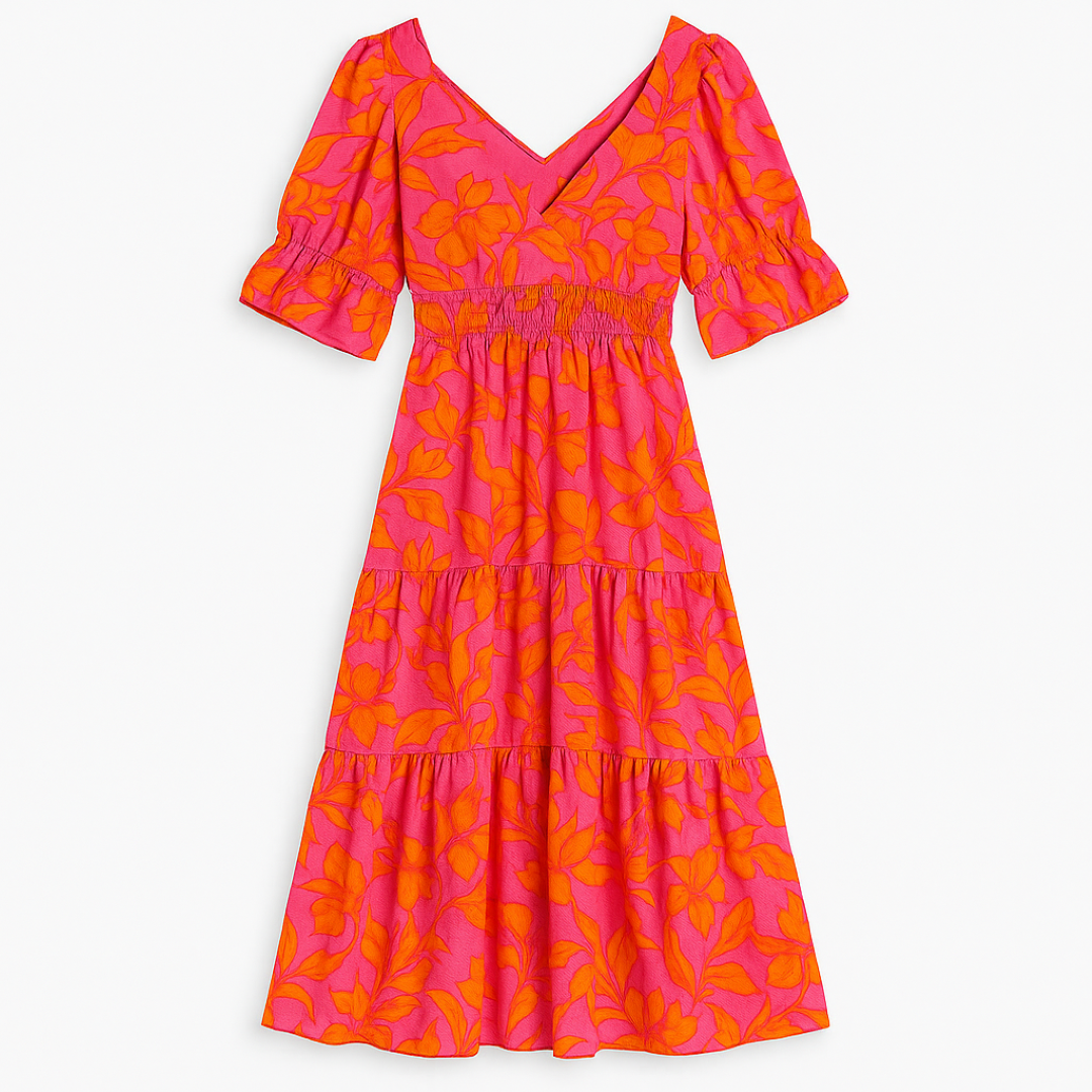 Nina | Livagtigt blomsterlang kjole med pufærmer - Fuchsia Rosa med orange blomsterprint - women's fashion - {{ product_tags }