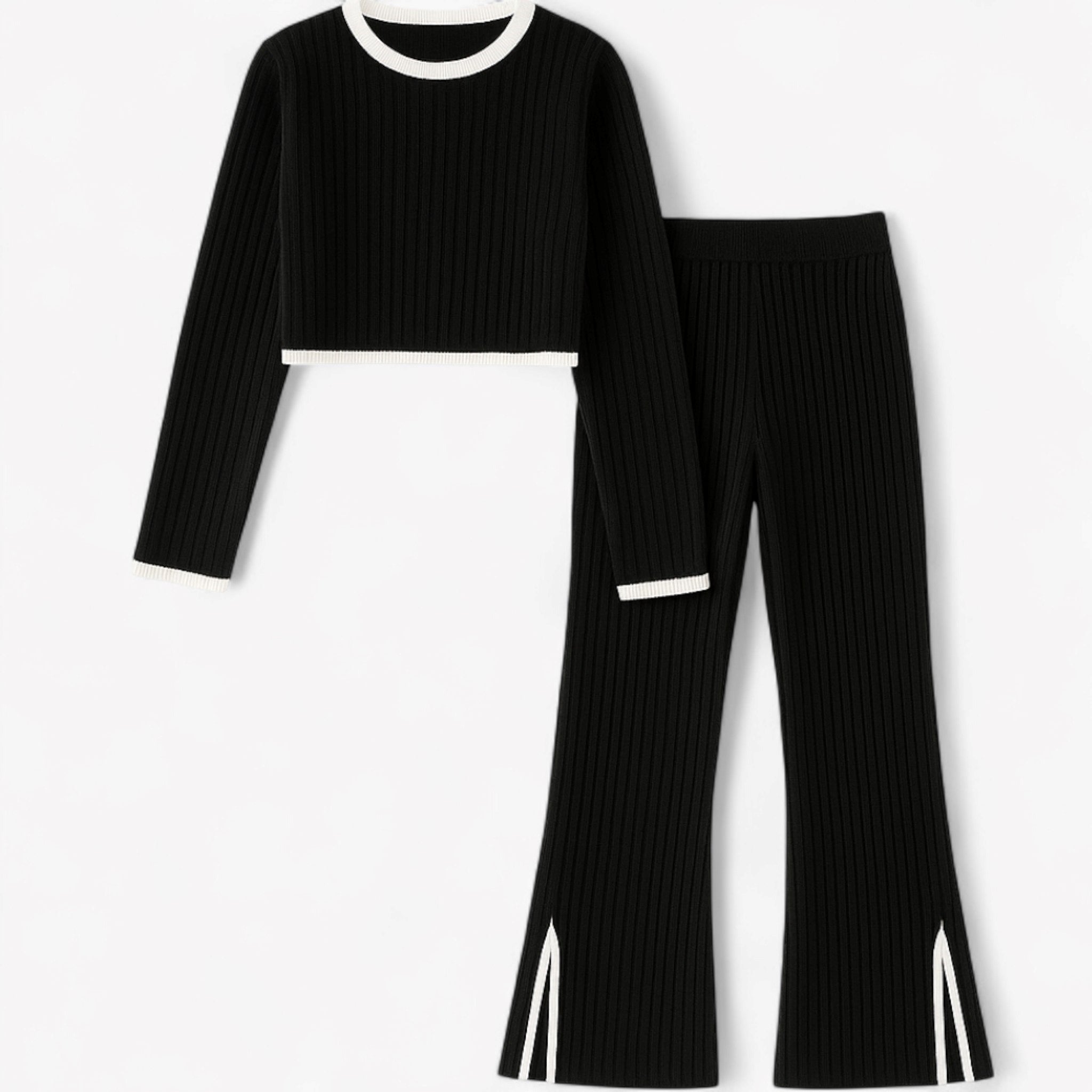 Hannah | 2-delt ribbet loungesæt med kontrastdetaljer - Sort sæt - women's fashion - {{ product_tags }