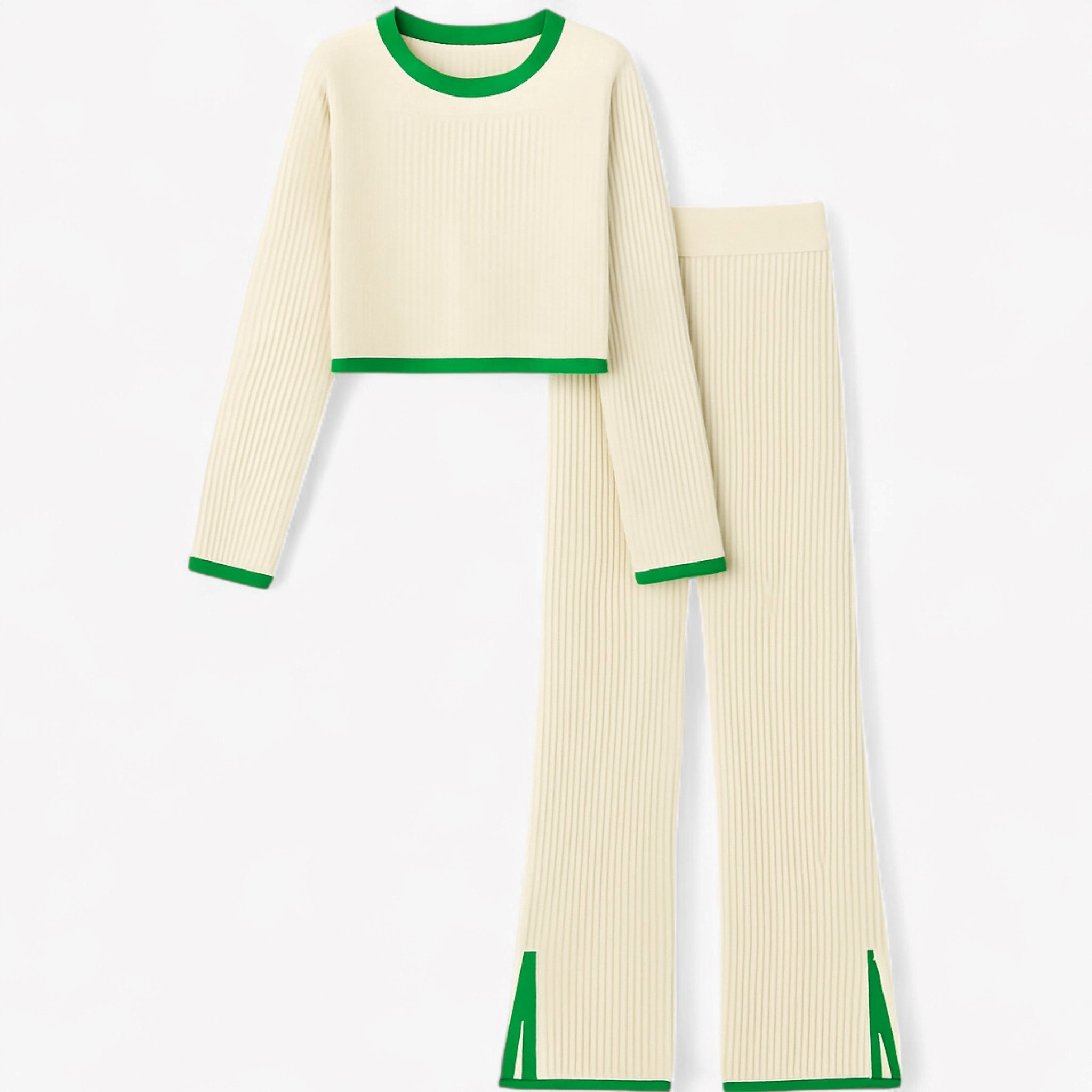 Hannah | 2-delt ribbet loungesæt med kontrastdetaljer - Beige sæt - women's fashion - {{ product_tags }