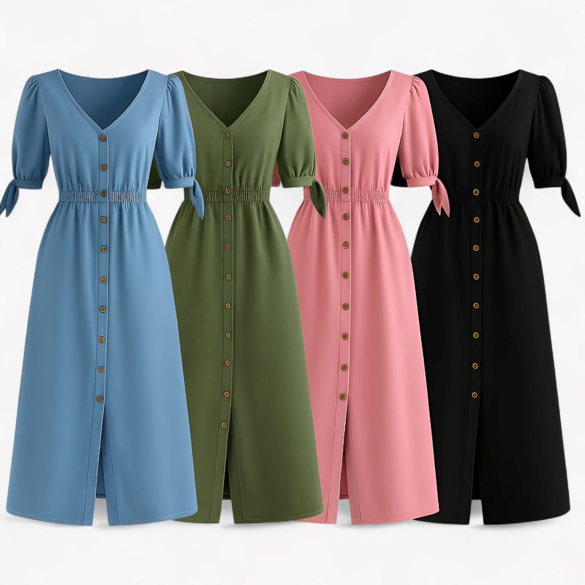 Charlotte | Midi kjole med puffærmer og knapper i træ - - women's fashion - {{ product_tags }