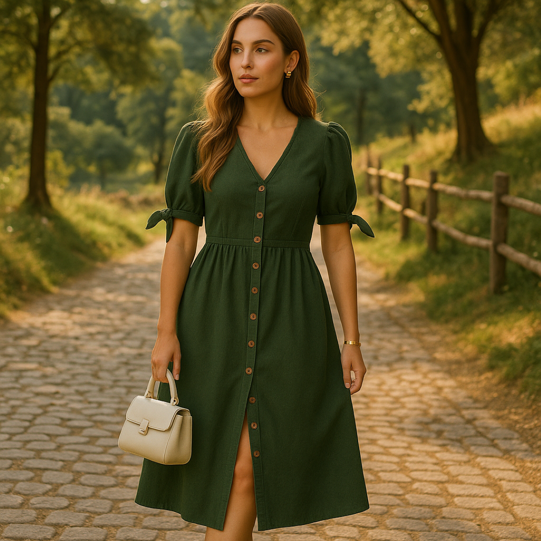 Charlotte | Midi kjole med puffærmer og knapper i træ - - women's fashion - {{ product_tags }