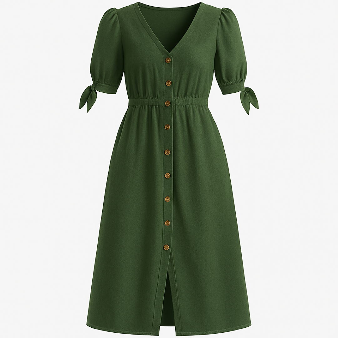 Charlotte | Midi kjole med puffærmer og knapper i træ - Grøn - women's fashion - {{ product_tags }
