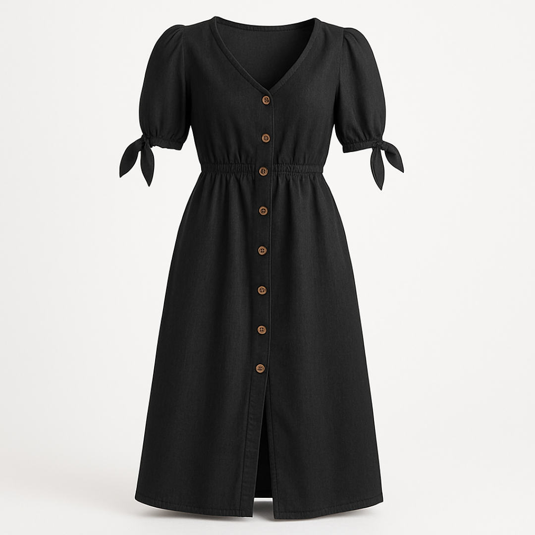 Charlotte | Midi kjole med puffærmer og knapper i træ - Sort - women's fashion - {{ product_tags }