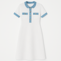 Lucia| Langes Kleid aus weißem Strick mit Denim-Details