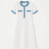 Lucia | Long dress in white knit with denim details