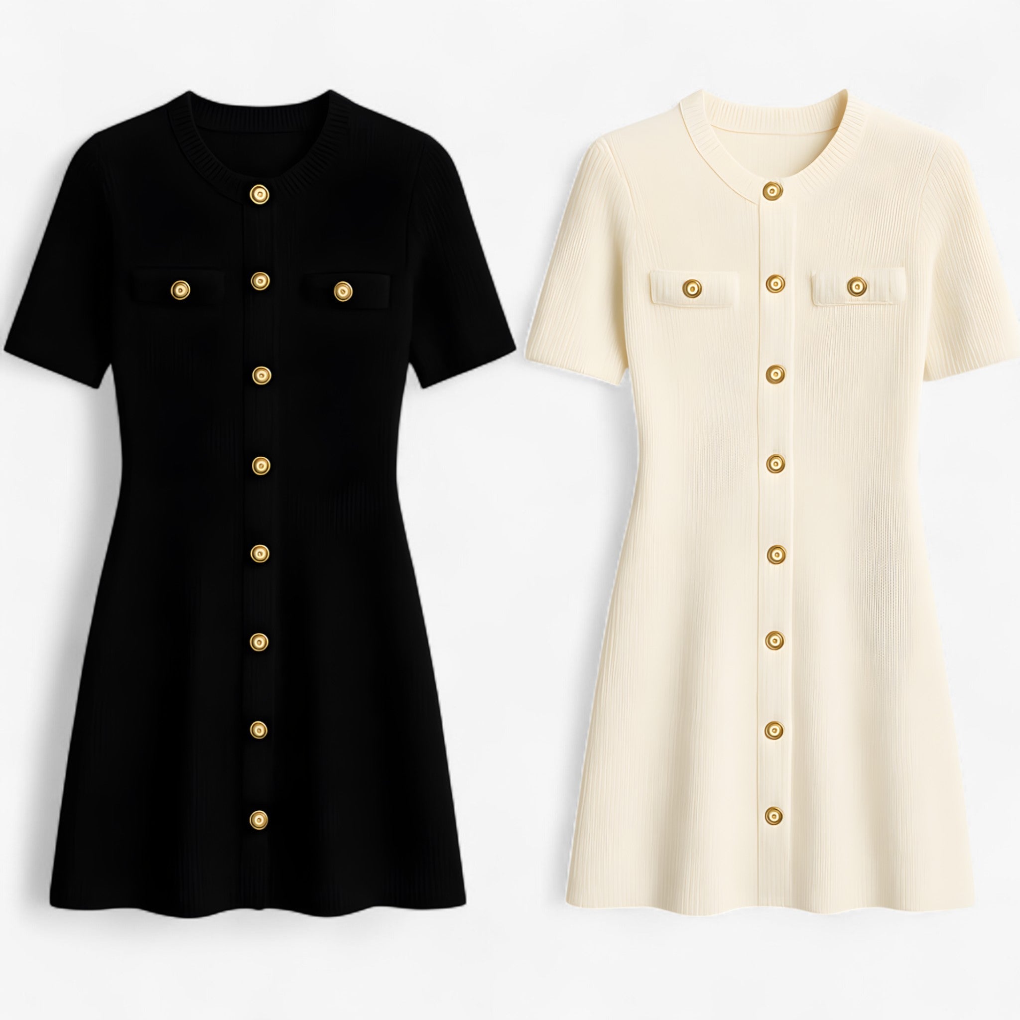 Lara | Mini kjole i ribbestrikket materiale med gyldne detaljer - - women's fashion - {{ product_tags }