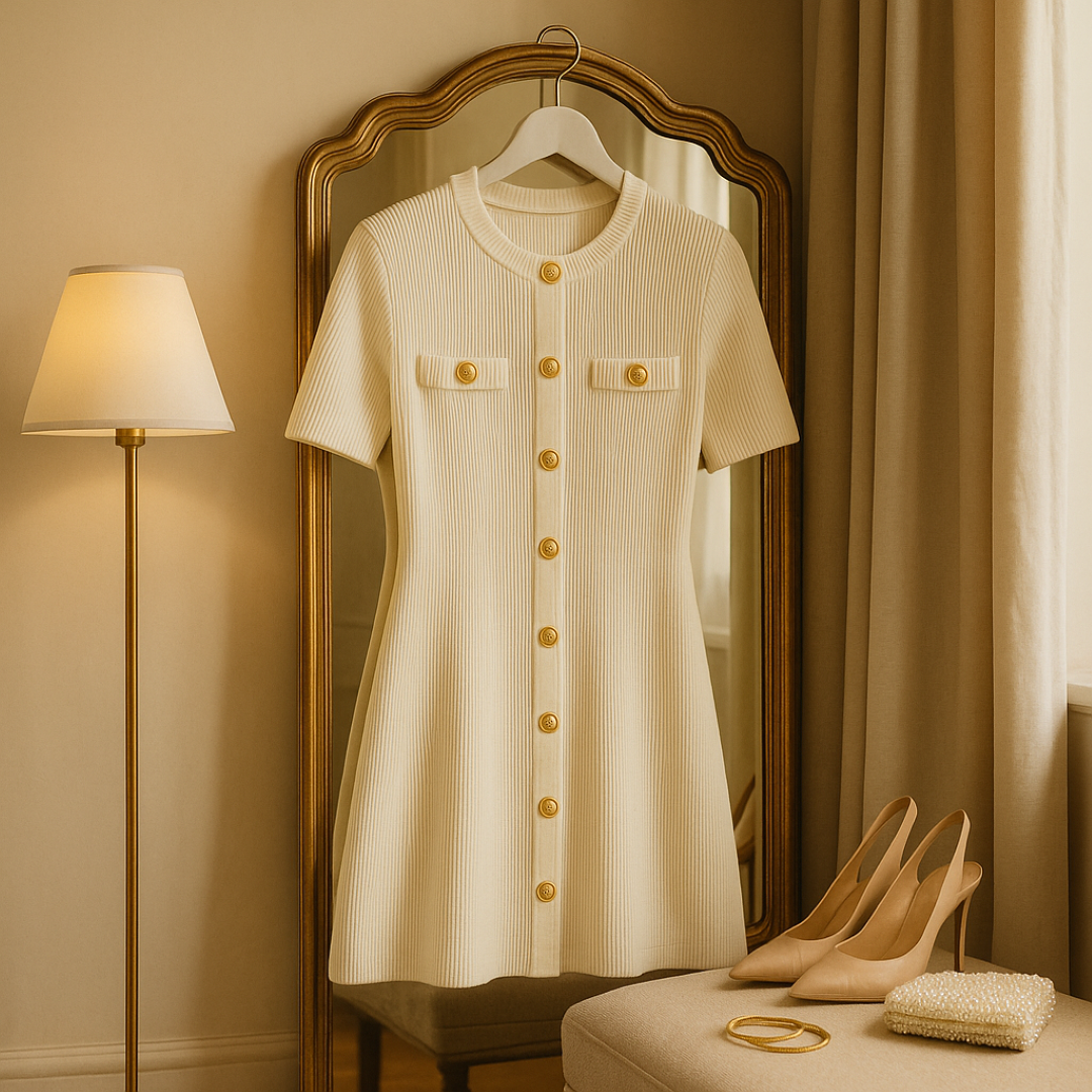 Lara | Mini kjole i ribbestrikket materiale med gyldne detaljer - - women's fashion - {{ product_tags }