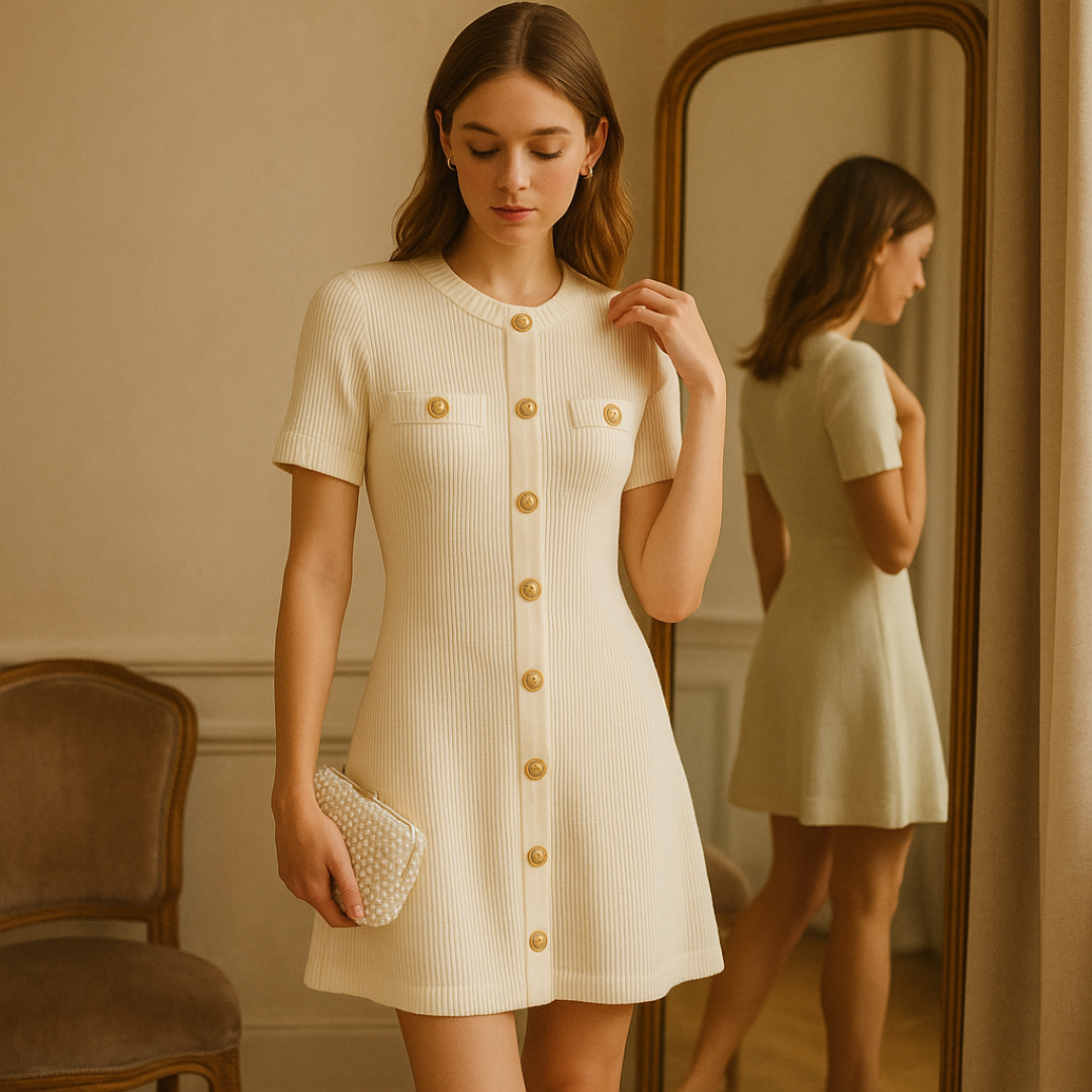 Lara | Mini kjole i ribbestrikket materiale med gyldne detaljer - - women's fashion - {{ product_tags }