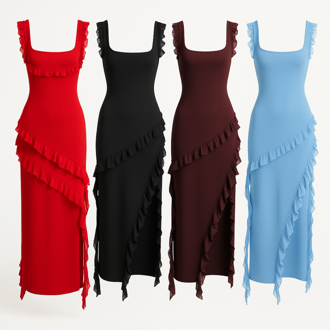 Romina | Midi-kjole med kaskadevolanger - - women's fashion - {{ product_tags }