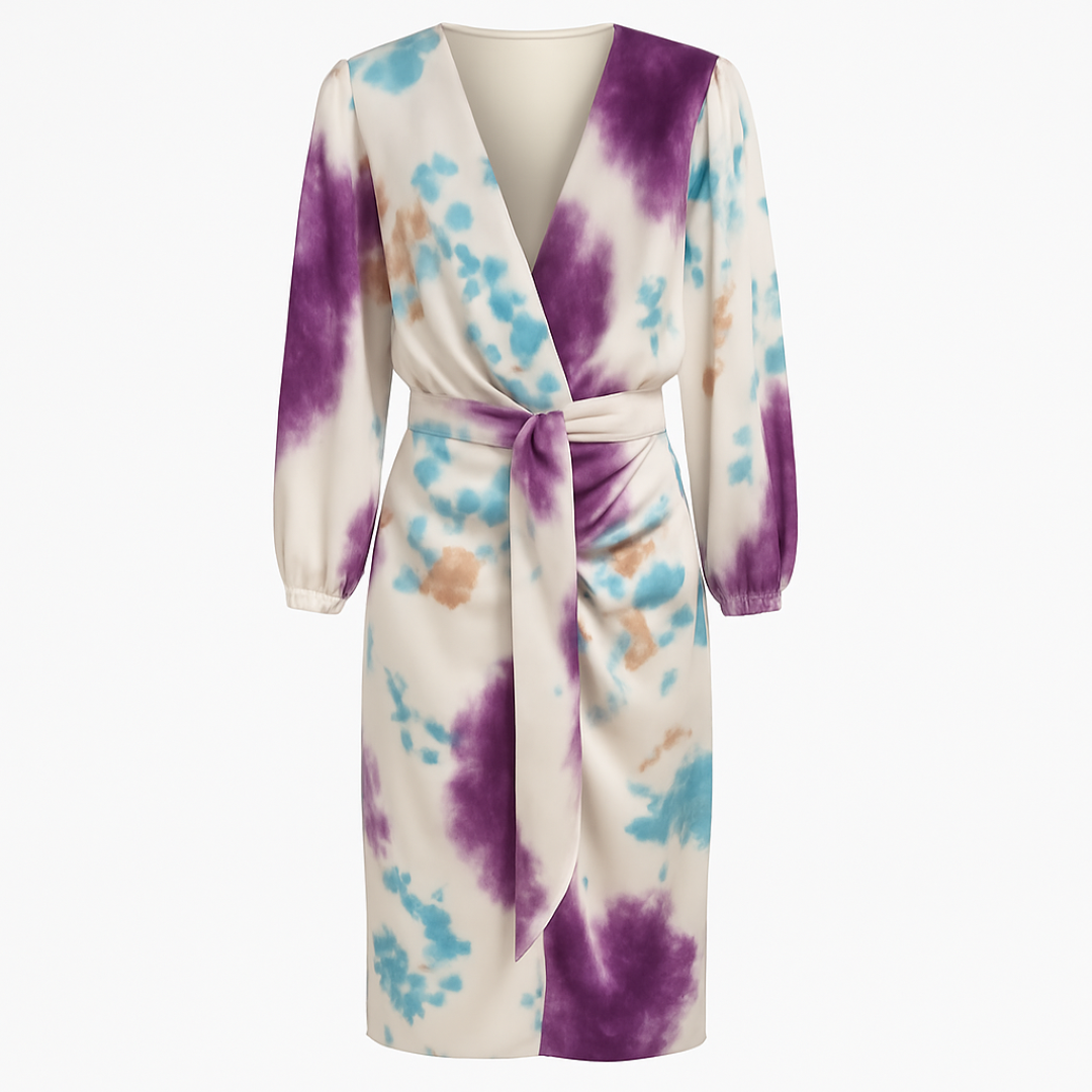 Clara | Midi kjole i Raso med lange ærmer og abstrakt print - Lilla Hvid - women's fashion - {{ product_tags }