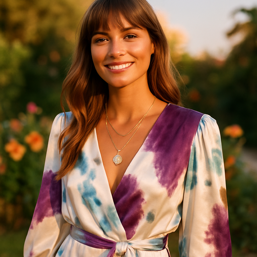 Clara | Midi kjole i Raso med lange ærmer og abstrakt print - - women's fashion - {{ product_tags }