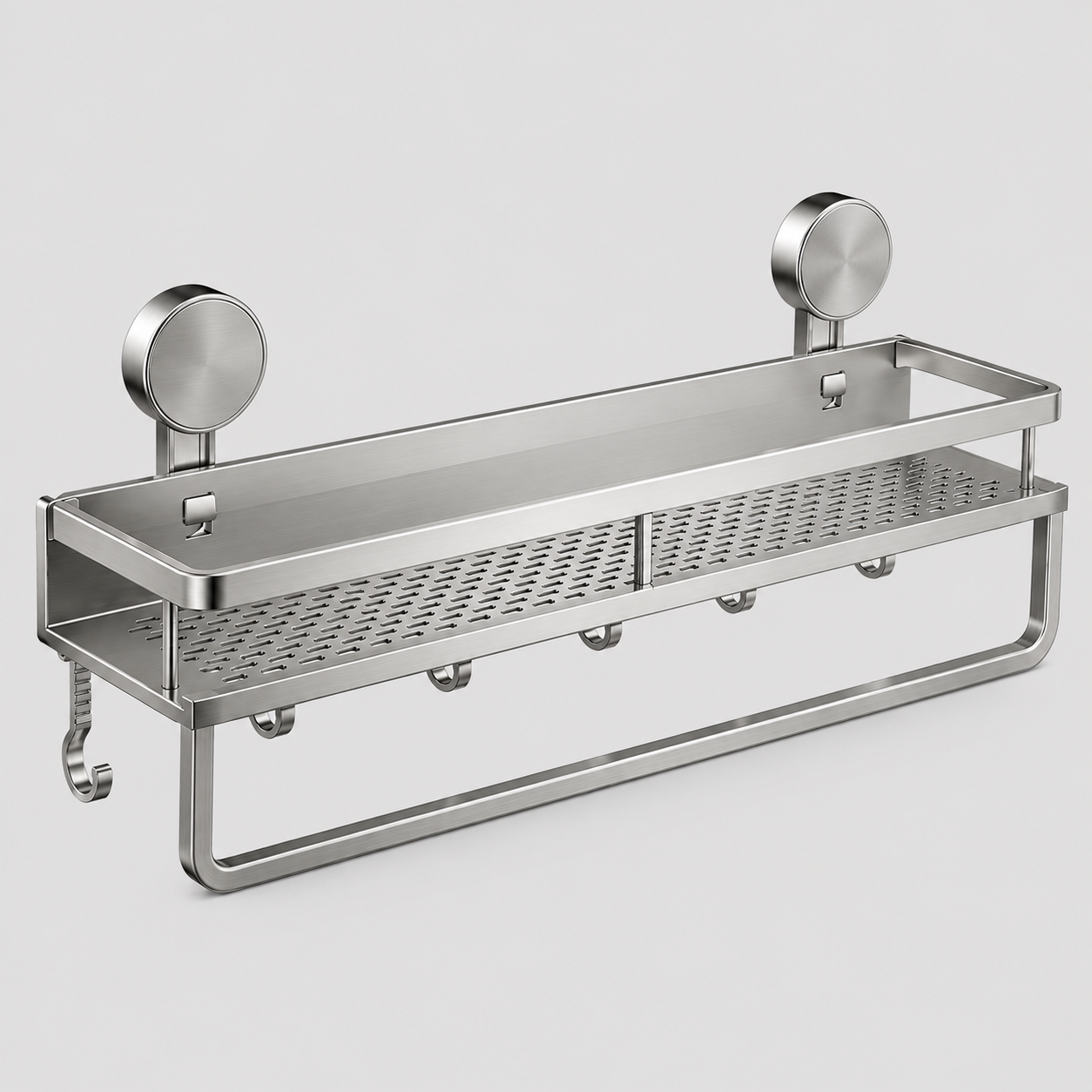 Badeværelseshylde i sølv aluminium med sugekopper og kroge