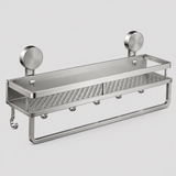 Badeværelseshylde i sølv aluminium med sugekopper og kroge