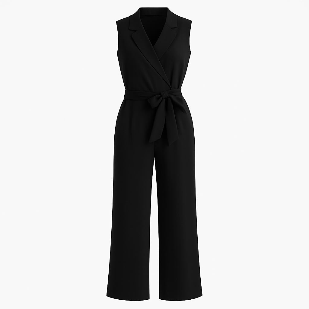 Sofia – Elegant ærmeløs jumpsuit med brede ben og bælte - Sort - women's fashion - {{ product_tags }