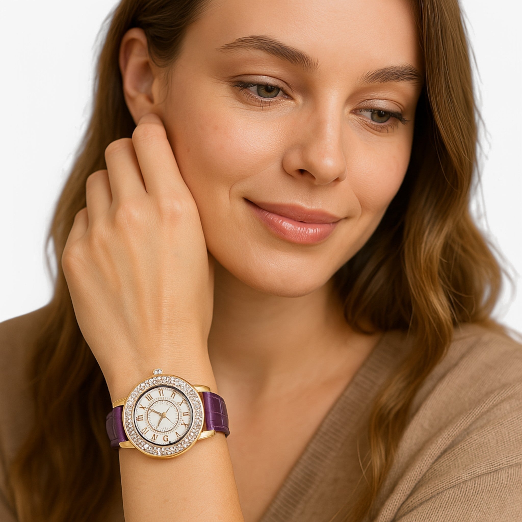 Oliven | Dameur lavet af PU læder med krystalsten og quartz urværk - - watches - {{ product_tags }