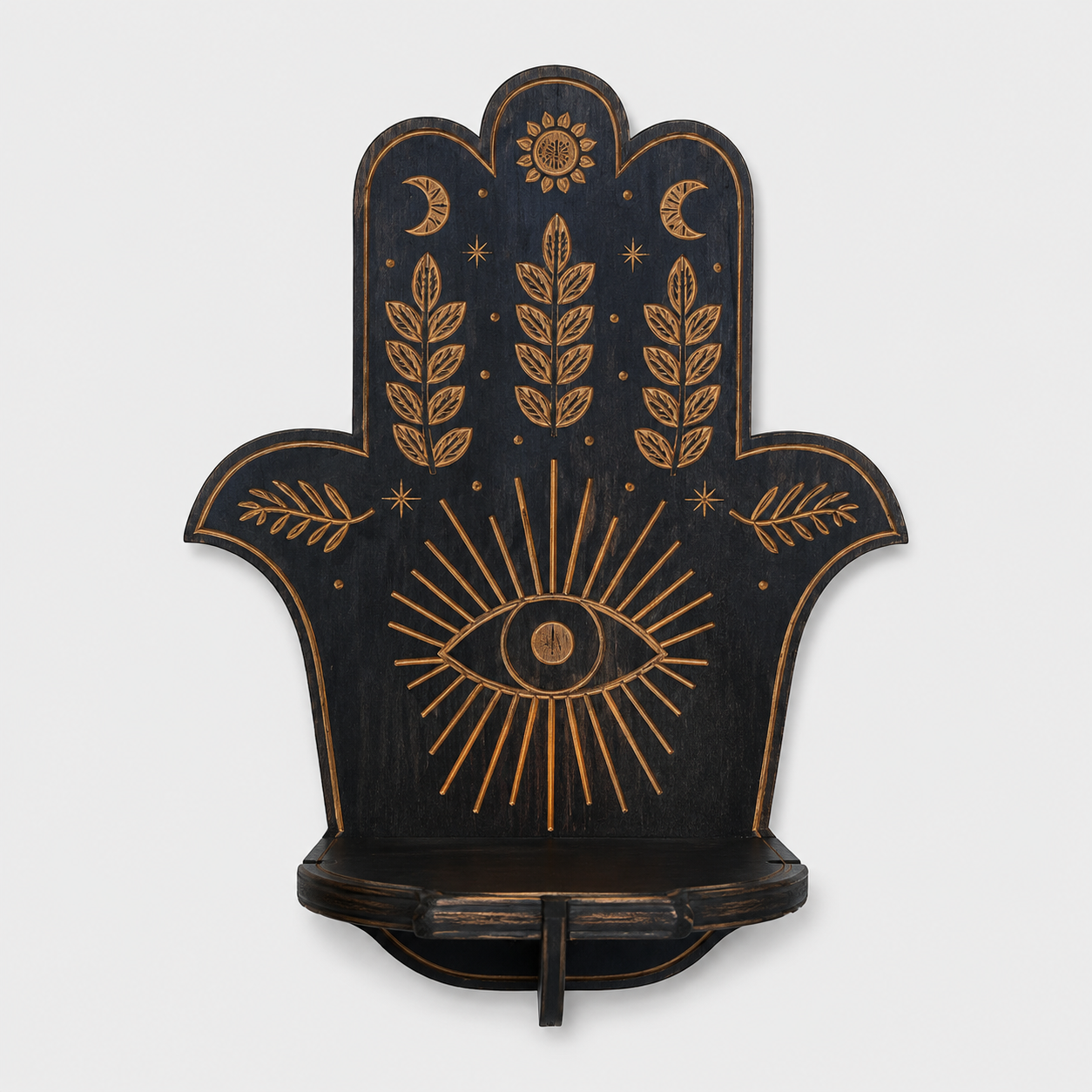 Trævægstage med Hylde - Mørkt Træ, Gulddetaljer & Mystiske Motiver - Håndmotiv - Gifts – Seasonal – Halloween - {{ product_tags }