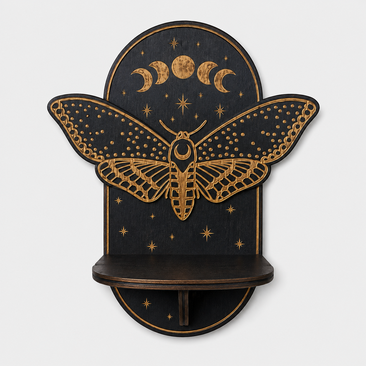 Trævægstage med Hylde - Mørkt Træ, Gulddetaljer & Mystiske Motiver - Natsværmer - Gifts – Seasonal – Halloween - {{ product_tags }