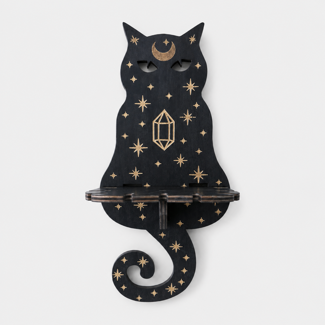 Trævægstage med Hylde - Mørkt Træ, Gulddetaljer & Mystiske Motiver - Kat - Gifts – Seasonal – Halloween - {{ product_tags }