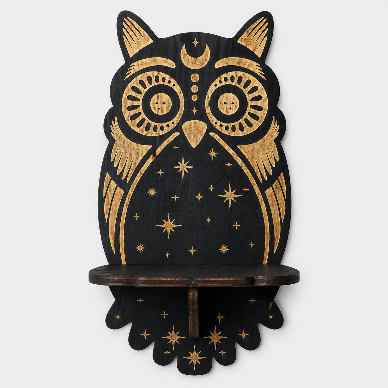Trævægstage med Hylde - Mørkt Træ, Gulddetaljer & Mystiske Motiver - Ugle - Gifts – Seasonal – Halloween - {{ product_tags }