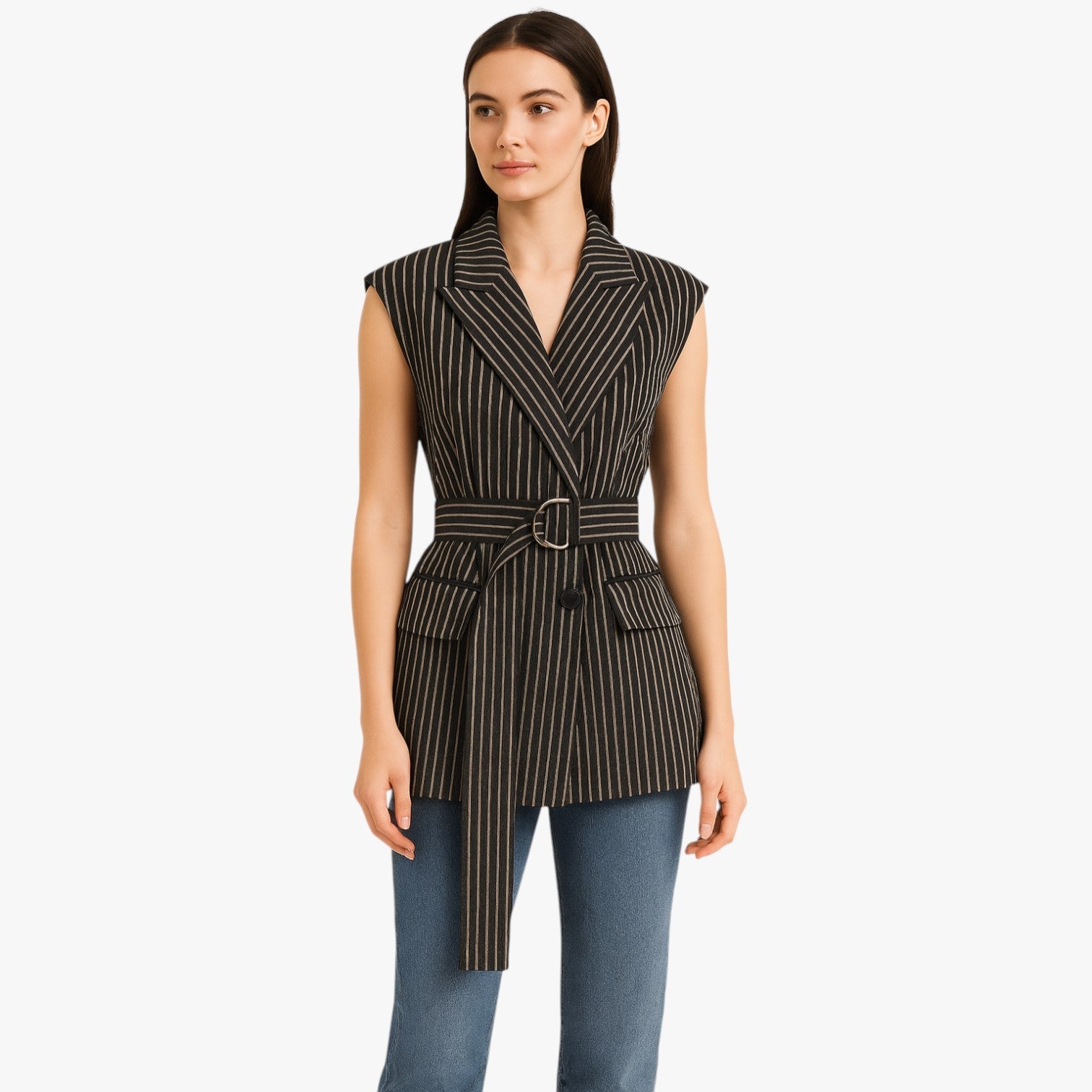 Claire | Løstsiddende stribet lang vest med bælte i bomuldsblanding - - Claire | Løstsiddende stribet lang vest med bælte i bomuldsblanding - €25 - {{ product_tags }