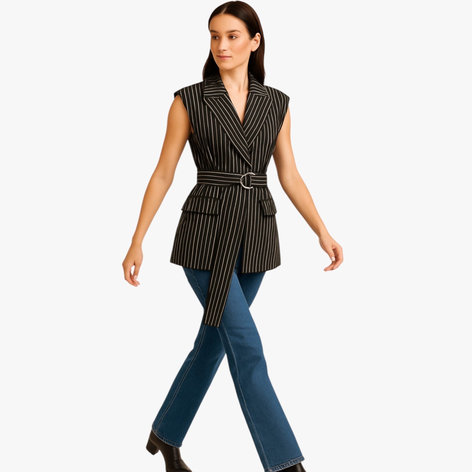 Claire | Løstsiddende stribet lang vest med bælte i bomuldsblanding - - Claire | Løstsiddende stribet lang vest med bælte i bomuldsblanding - €25 - {{ product_tags }