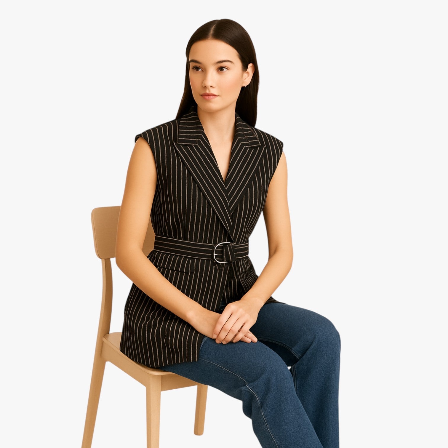 Claire | Løstsiddende stribet lang vest med bælte i bomuldsblanding - - Claire | Løstsiddende stribet lang vest med bælte i bomuldsblanding - €25 - {{ product_tags }