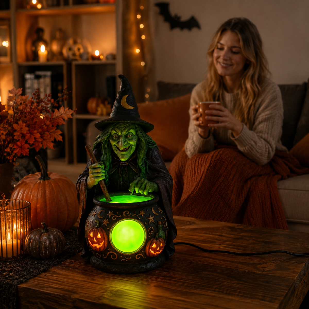 Hekse-gryde Harpiks Bordlampe med Neongrøn LED - - Home & Garden > Lighting > Lamps > Table Lamps - {{ product_tags }