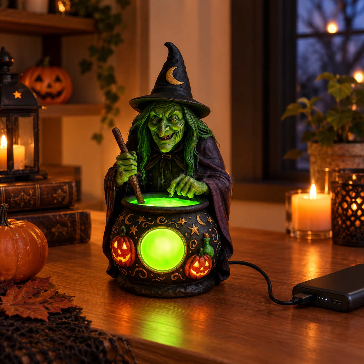 Hekse-gryde Harpiks Bordlampe med Neongrøn LED - - Home & Garden > Lighting > Lamps > Table Lamps - {{ product_tags }