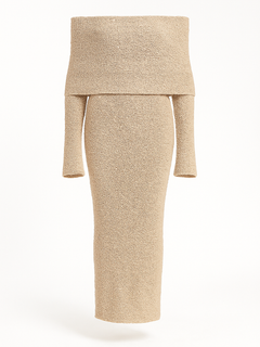 Bridget | Skulderfrit Bouclé-Strik Midikjole i Taupe