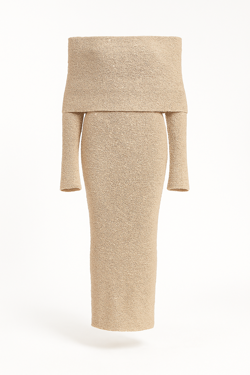 Bridget | Skulderfrit Bouclé-Strik Midikjole i Taupe - Beige - Bridget | Skulderfrit Bouclé-Strik Midikjole i Taupe - €25 - {{ product_tags }