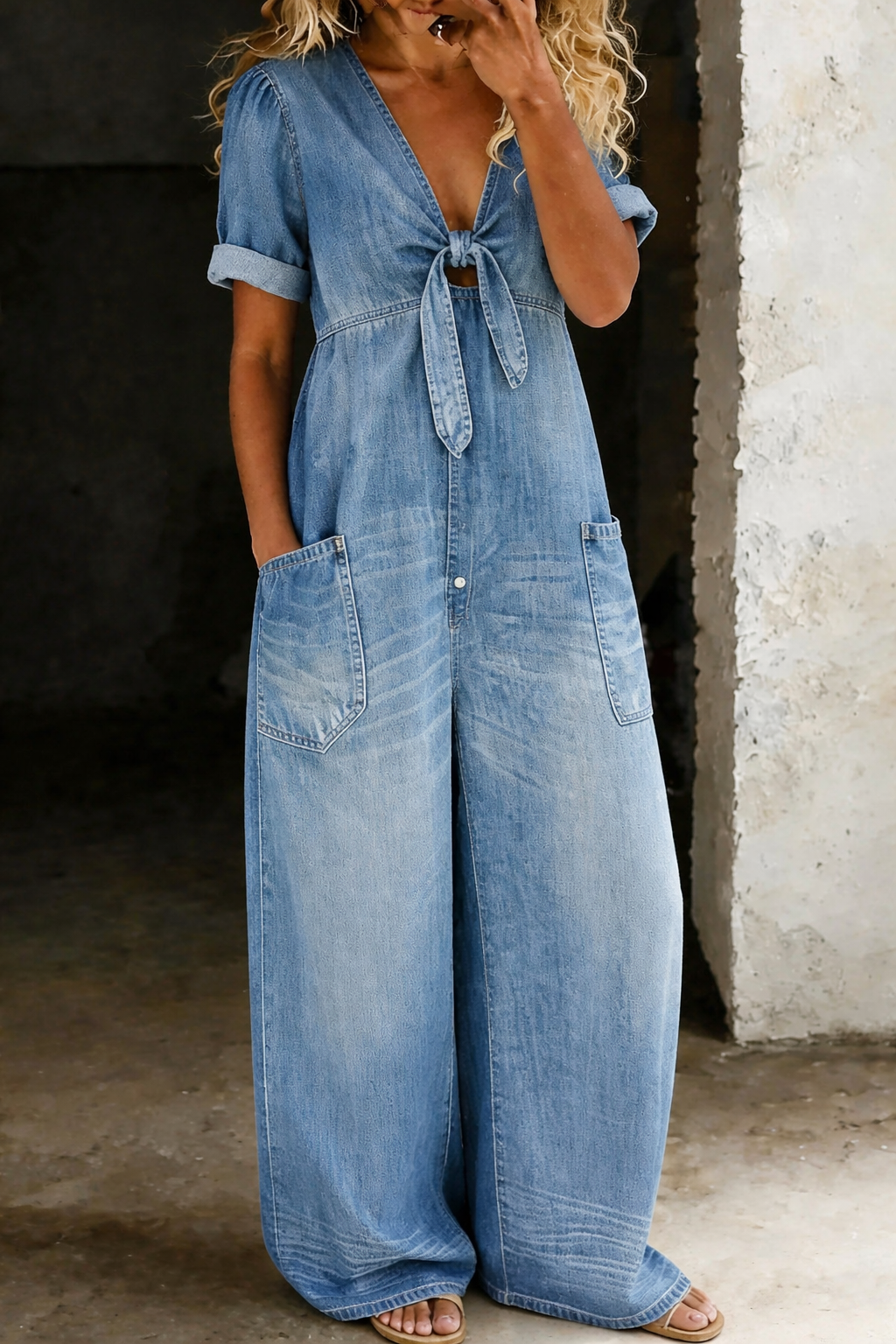 Maya - Afslappet Denim Jumpsuit med Bindebånd Foran