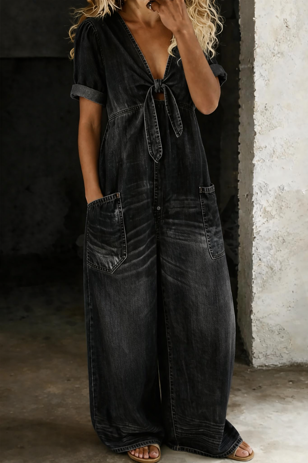 Maya - Afslappet Denim Jumpsuit med Bindebånd Foran