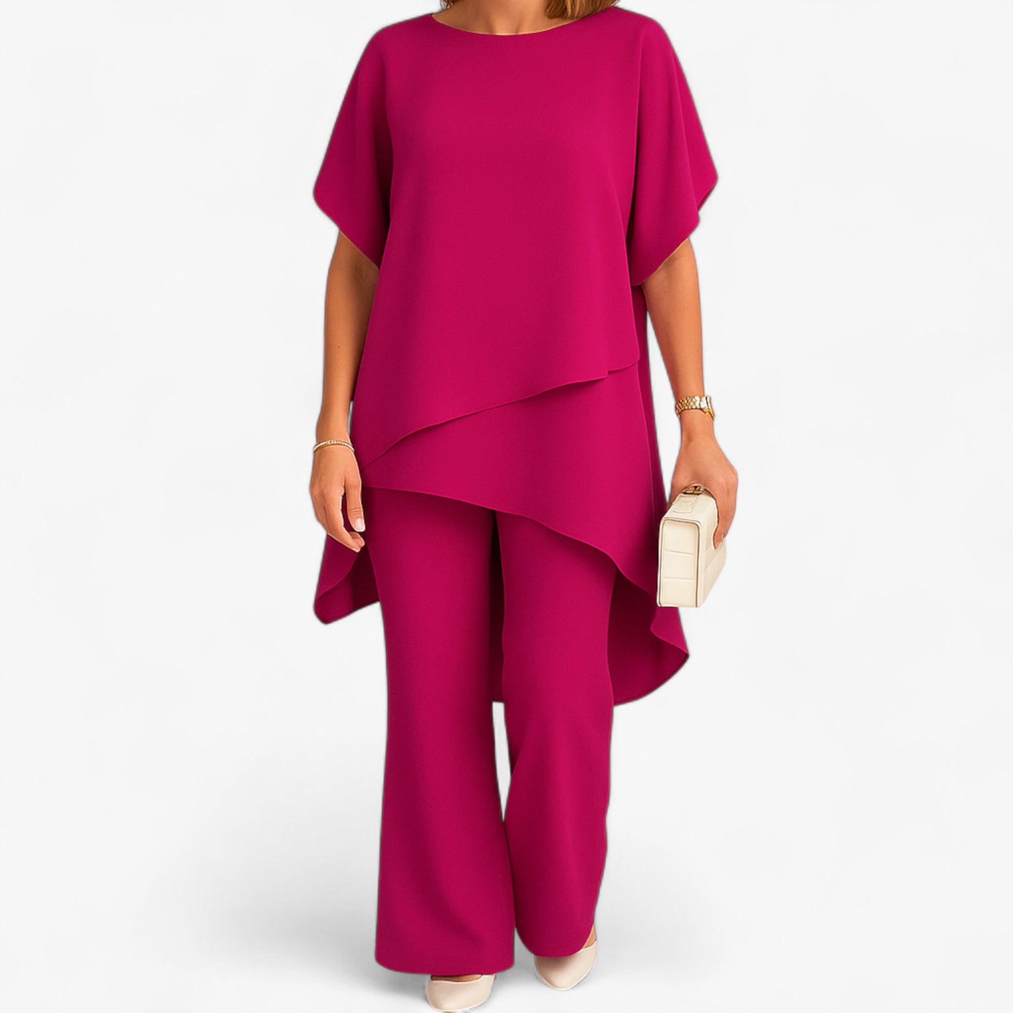 Bianca | Dame Sifon Asymmetrisk Top og Bred-Fod Bukser - Rosa - women's fashion - {{ product_tags }