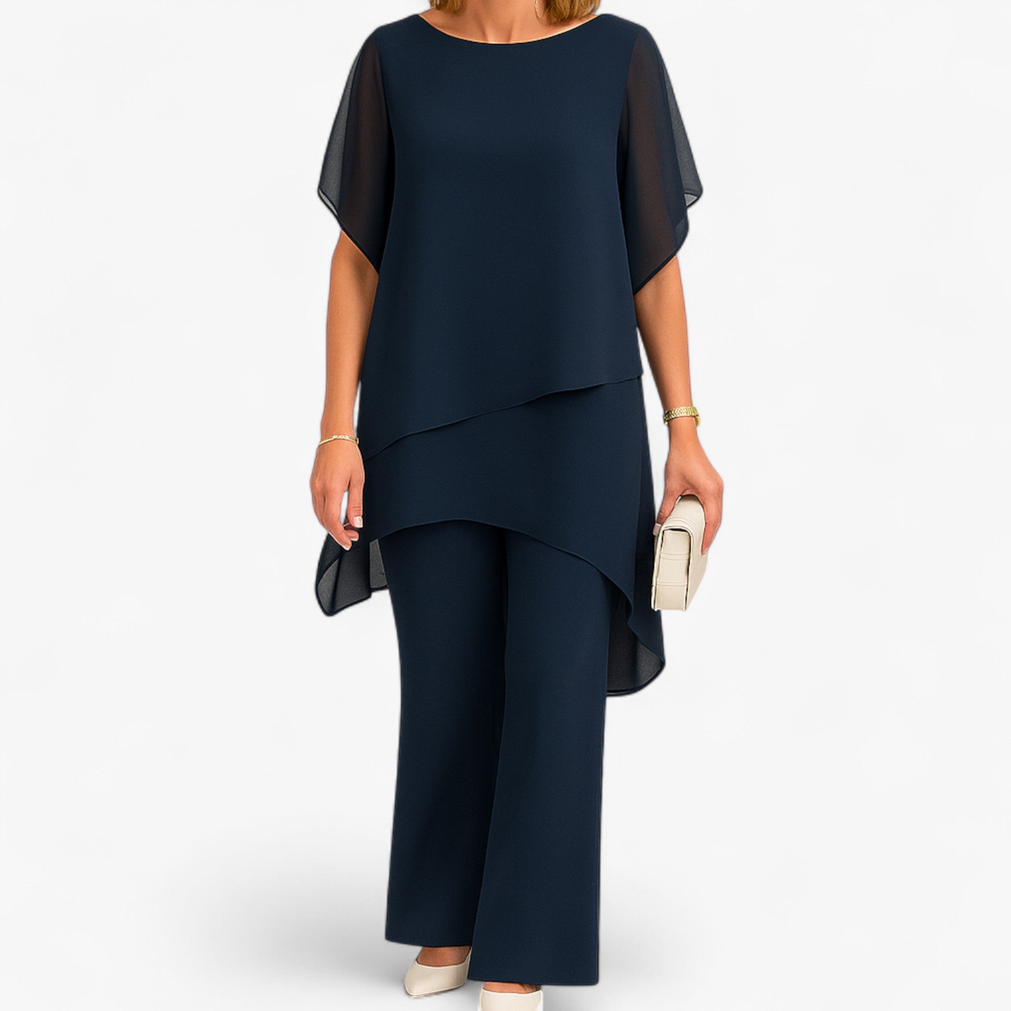 Bianca | Dame Sifon Asymmetrisk Top og Bred-Fod Bukser - Marineblå - women's fashion - {{ product_tags }