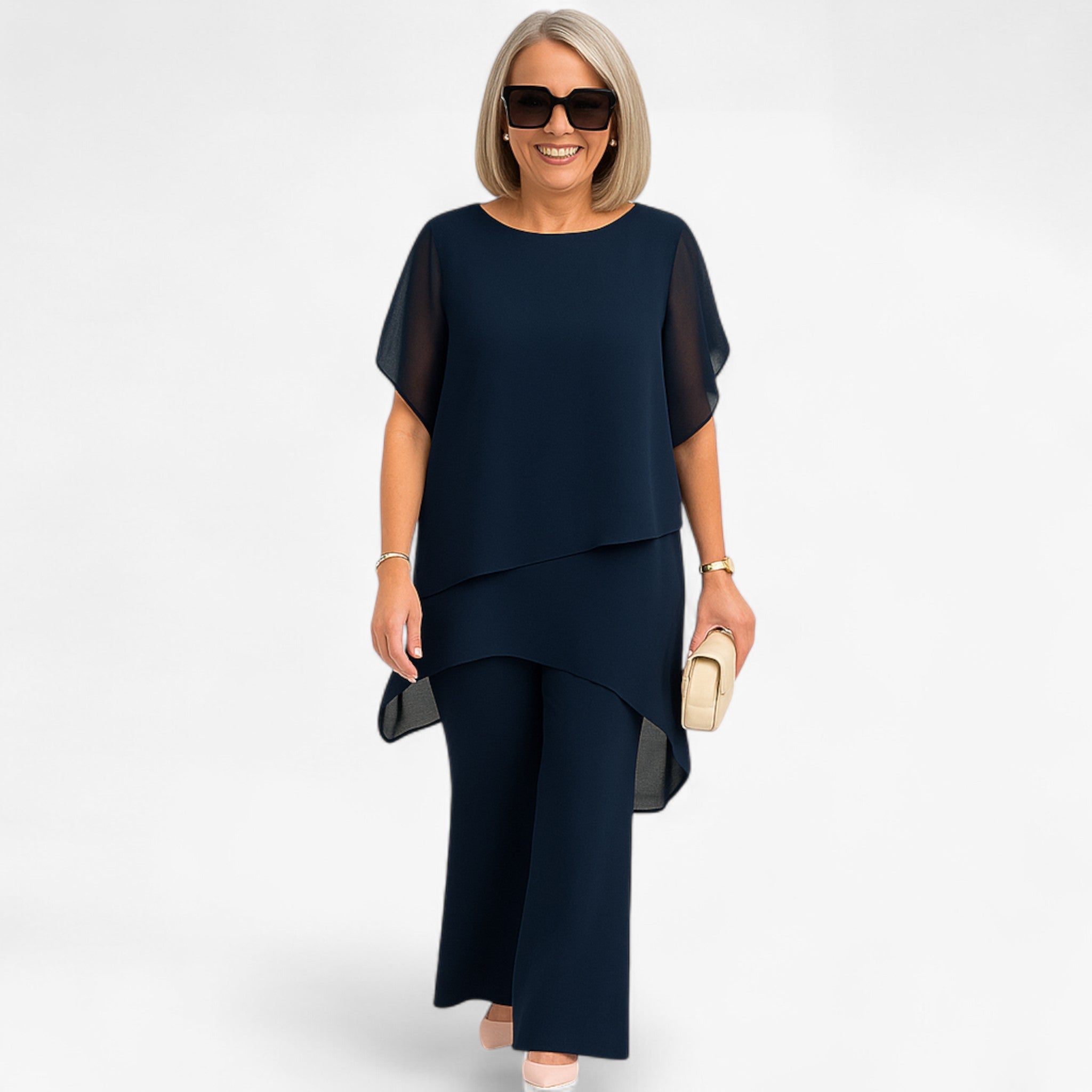 Bianca | Dame Sifon Asymmetrisk Top og Bred-Fod Bukser - - women's fashion - {{ product_tags }