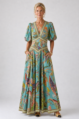 Airy Maxi Dress with Puff Sleeves and V-Neckline