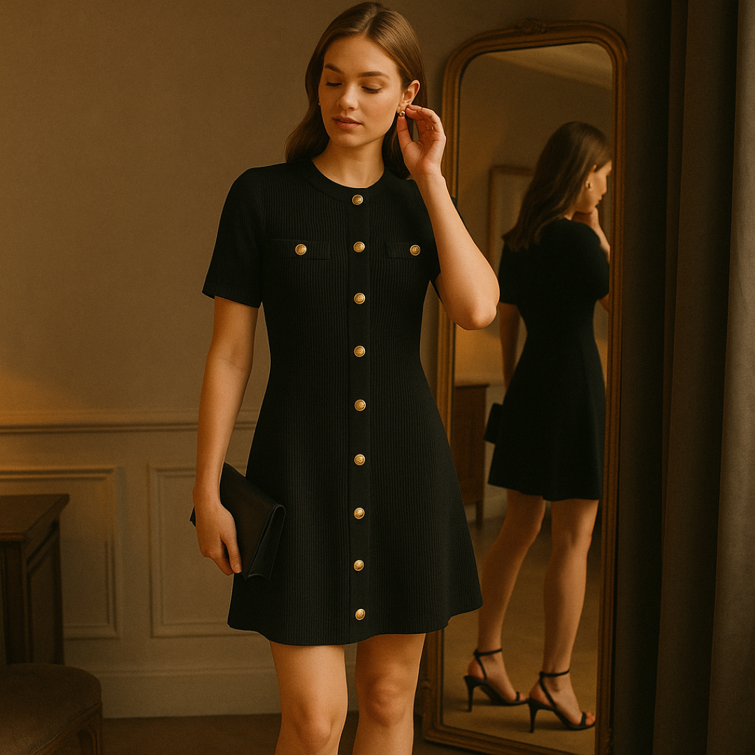 Lara | Mini kjole i ribbestrikket materiale med gyldne detaljer - - women's fashion - {{ product_tags }