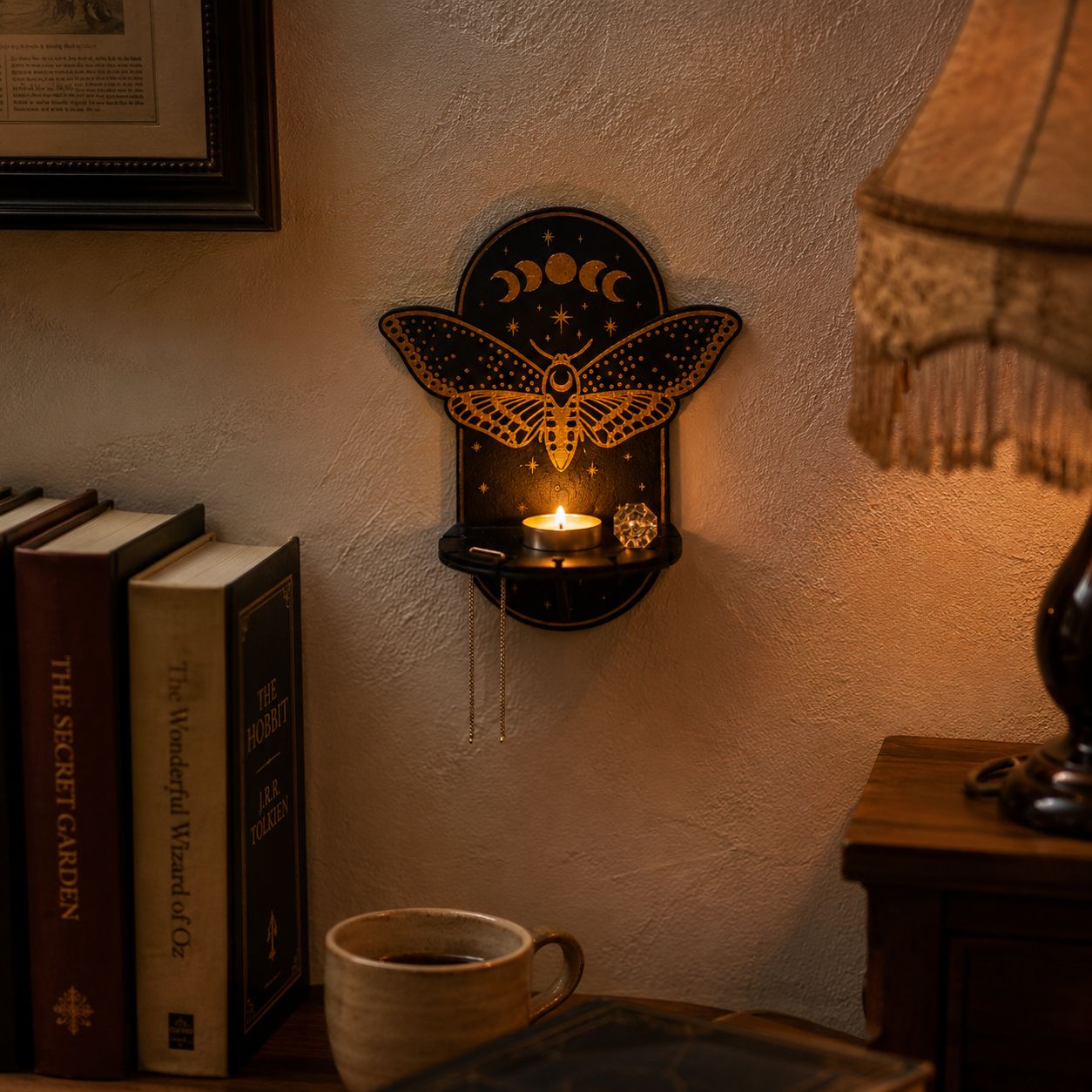 Trævægstage med Hylde - Mørkt Træ, Gulddetaljer & Mystiske Motiver - - Gifts – Seasonal – Halloween - {{ product_tags }