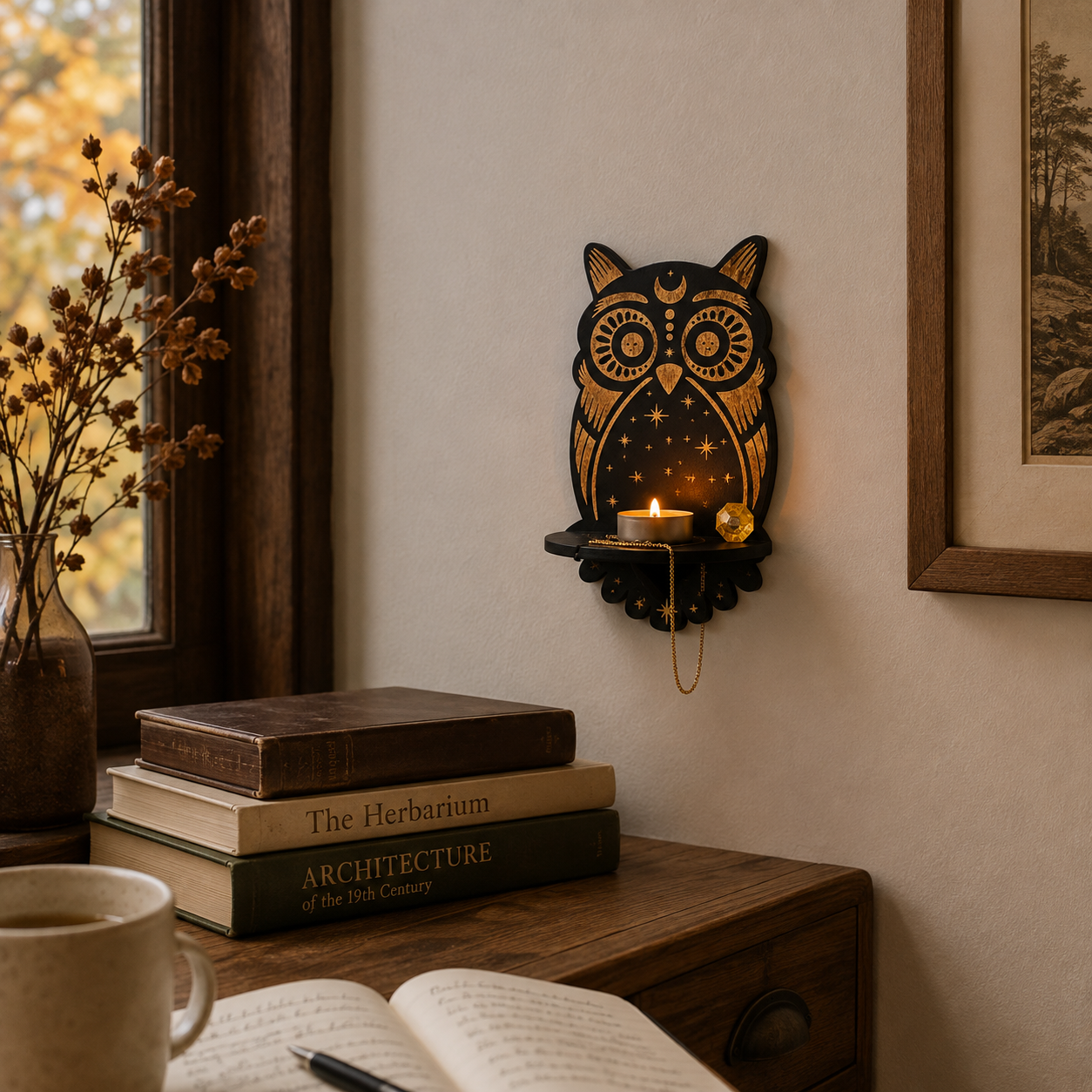Trævægstage med Hylde - Mørkt Træ, Gulddetaljer & Mystiske Motiver - - Gifts – Seasonal – Halloween - {{ product_tags }