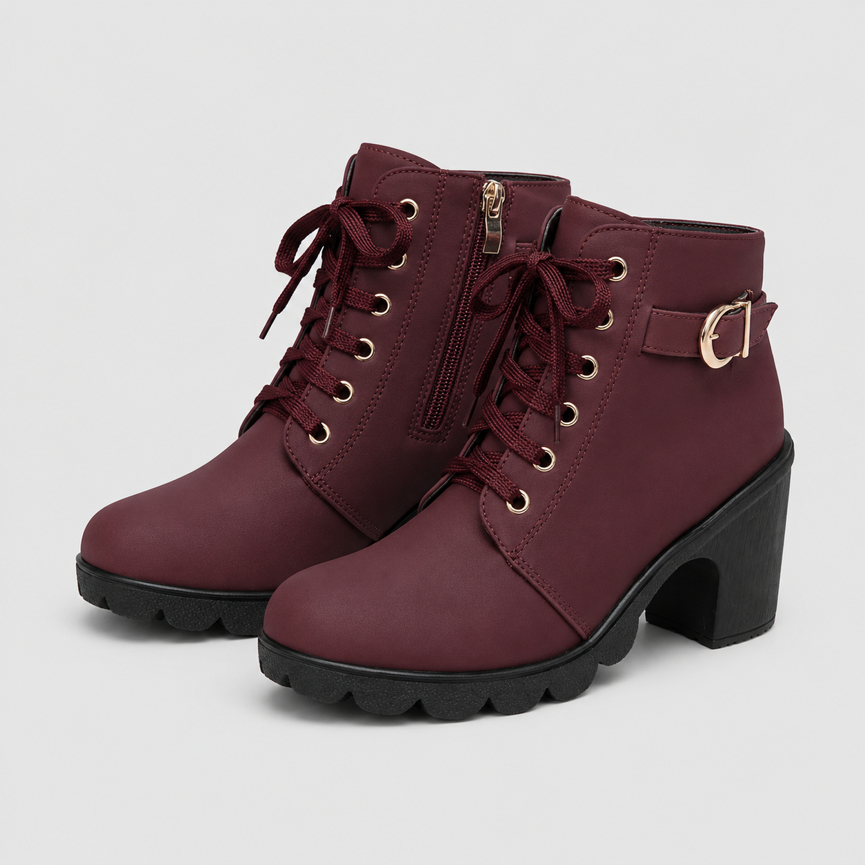 Dame Ankelstøvler med Blokhæl, Snørebånd og Lynlås-Komfort - Rød - AS - Womens - Boots - {{ product_tags }