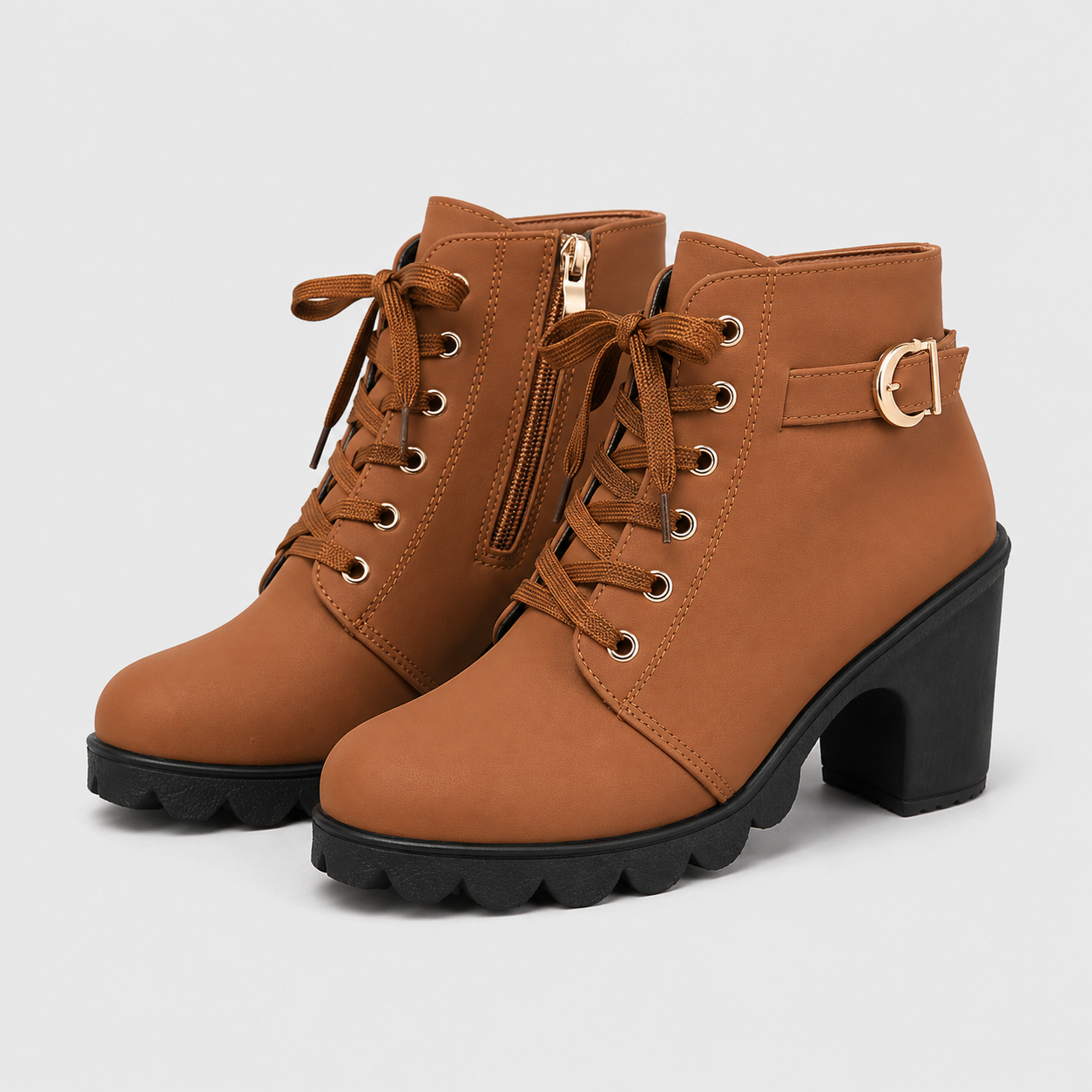 Dame Ankelstøvler med Blokhæl, Snørebånd og Lynlås-Komfort - Brun - AS - Womens - Boots - {{ product_tags }