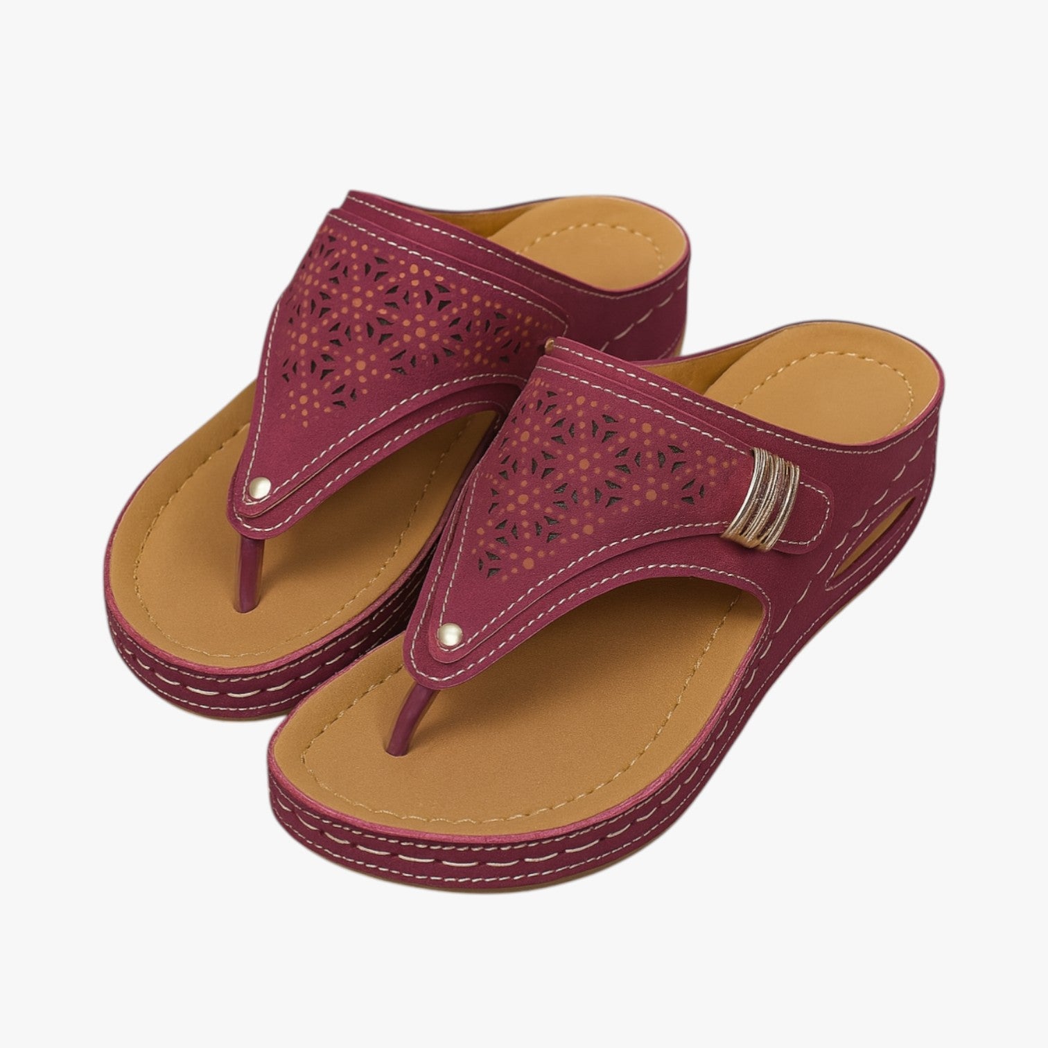 Julia | Bløde ortopædiske damesandaler, skridsikre og med sommerplatform - Vinerød - Julia | Bløde ortopædiske damesandaler, skridsikre og med sommerplatform - €25 - {{ product_tags }