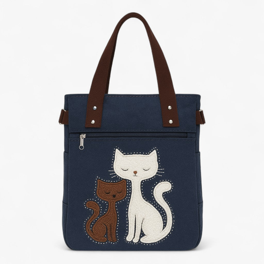 Broderet kat-taske i lærred - Blå - bags - {{ product_tags }