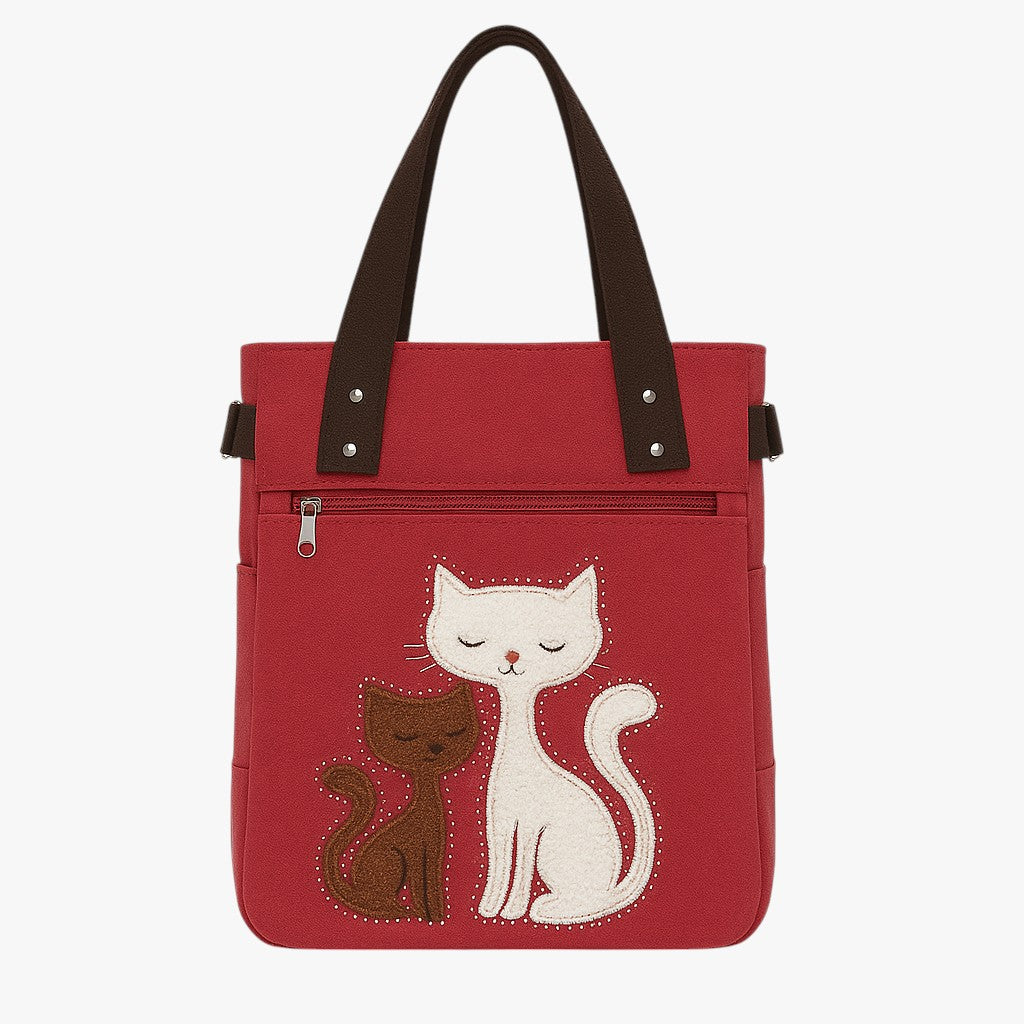 Broderet kat-taske i lærred - Rød - bags - {{ product_tags }