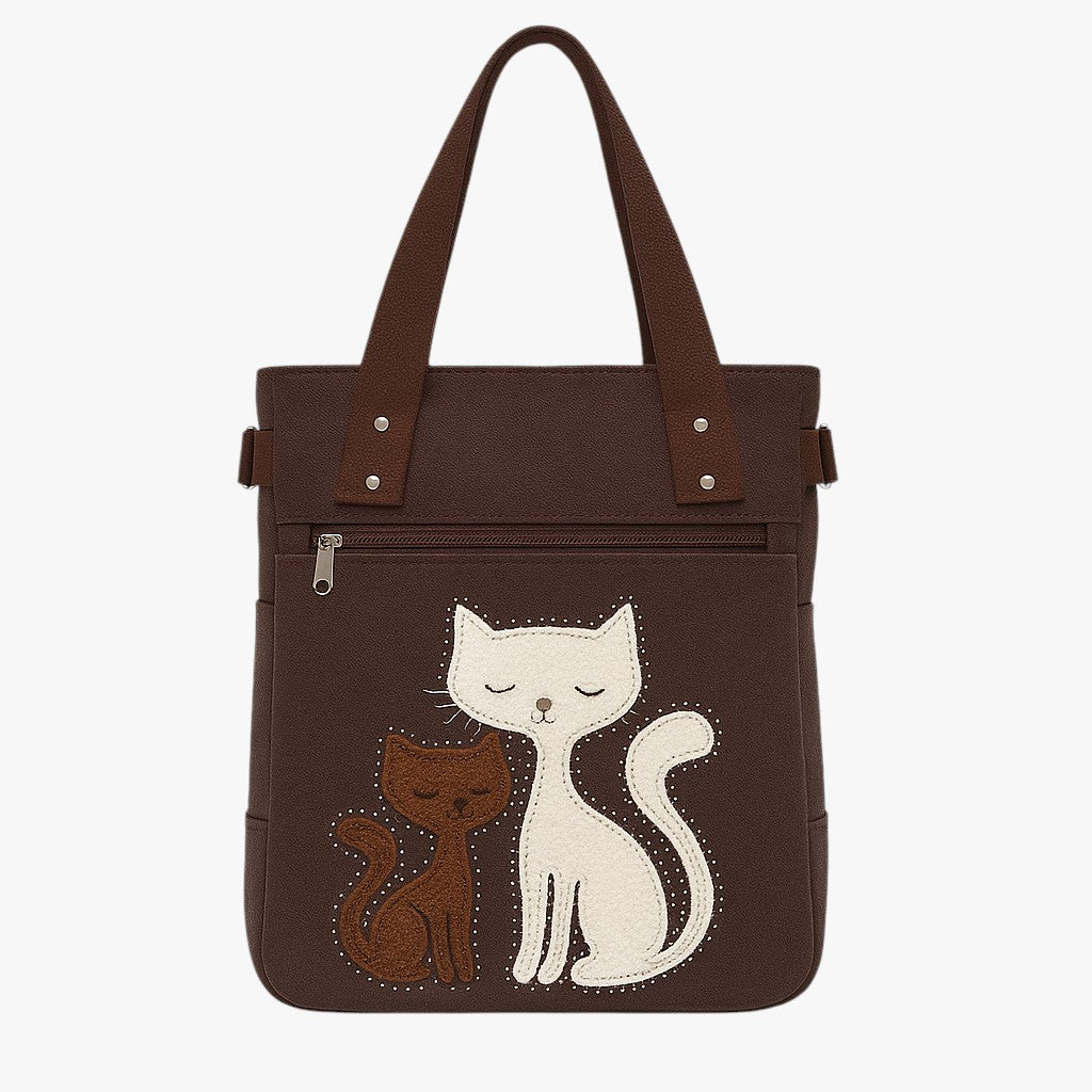 Broderet kat-taske i lærred - Kaffe - bags - {{ product_tags }