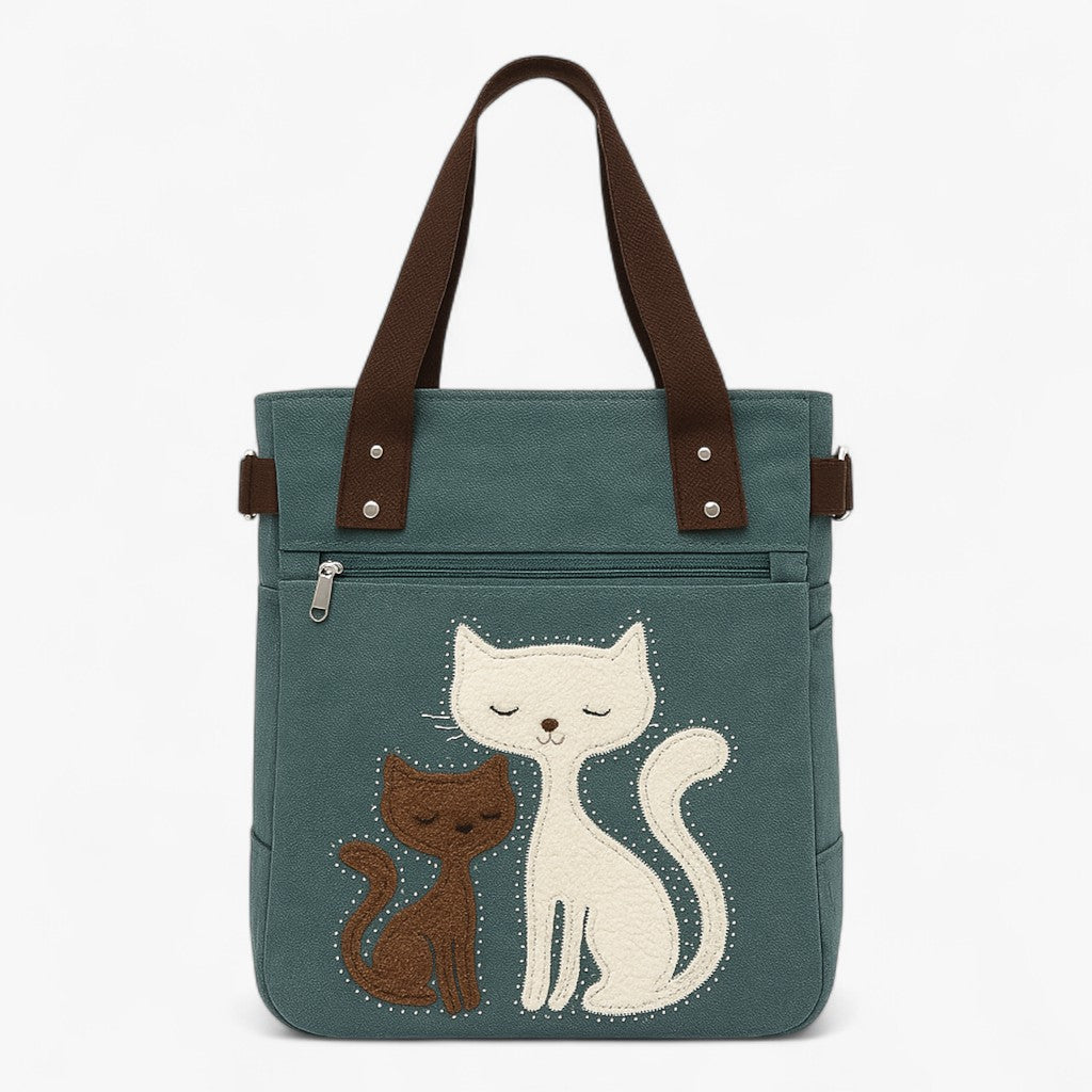 Broderet kat-taske i lærred - Grøn - bags - {{ product_tags }