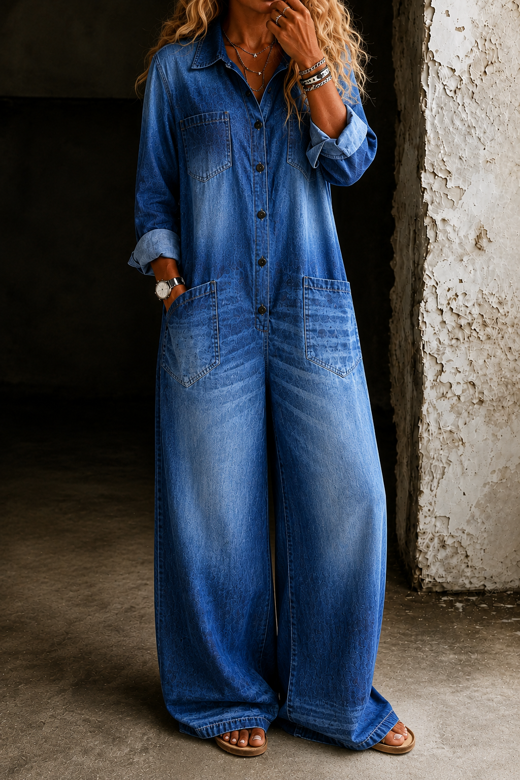 Dames jumpsuit med lange ærmer og lommer - Blå - - {{ product_tags }